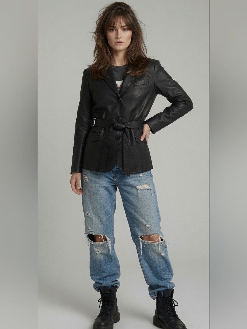 VTG Y2K East 5th Womens Black Genuine Leather Belted Jacket XL Grunge Punk